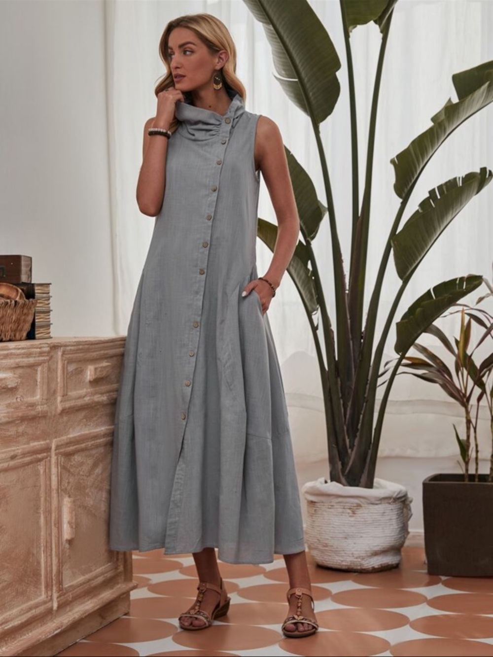 Grey Cotton Lagenlook Cowl Neck Sleeveless Button Down Maxi Dress Sz M - Picture 14 of 14